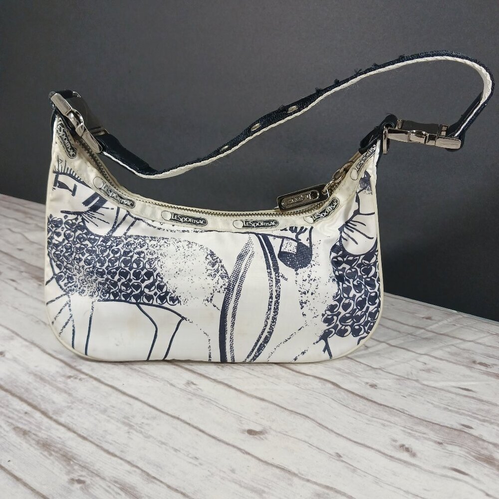 VTG Le SportSac x L.A.M.B. Black White One Zip Shoulder Bag Silver Hardware 9x6"